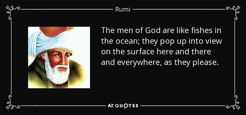 The men of God are like fishes in the ocean; they pop up into view on the surface here and there and everywhere, as they please. - Rumi