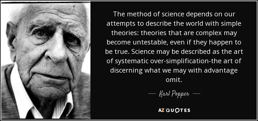 The method of science depends on our attempts to describe the world with simple theories: theories that are complex may become untestable, even if they happen to be true. Science may be described as the art of systematic over-simplification-the art of discerning what we may with advantage omit. - Karl Popper