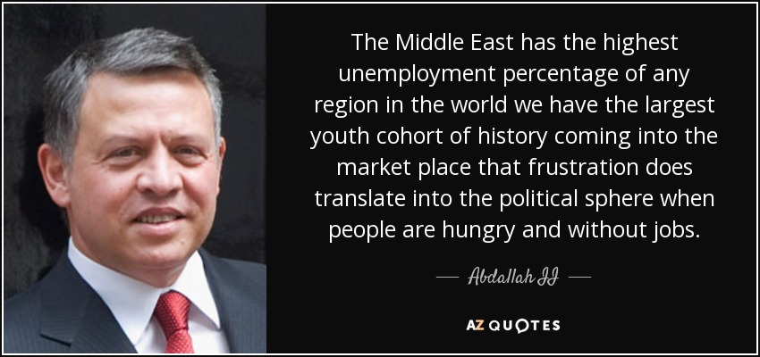 The Middle East has the highest unemployment percentage of any region in the world we have the largest youth cohort of history coming into the market place that frustration does translate into the political sphere when people are hungry and without jobs. - Abdallah II