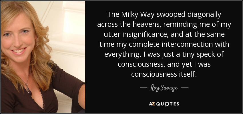 The Milky Way swooped diagonally across the heavens, reminding me of my utter insignificance, and at the same time my complete interconnection with everything. I was just a tiny speck of consciousness, and yet I was consciousness itself. - Roz Savage
