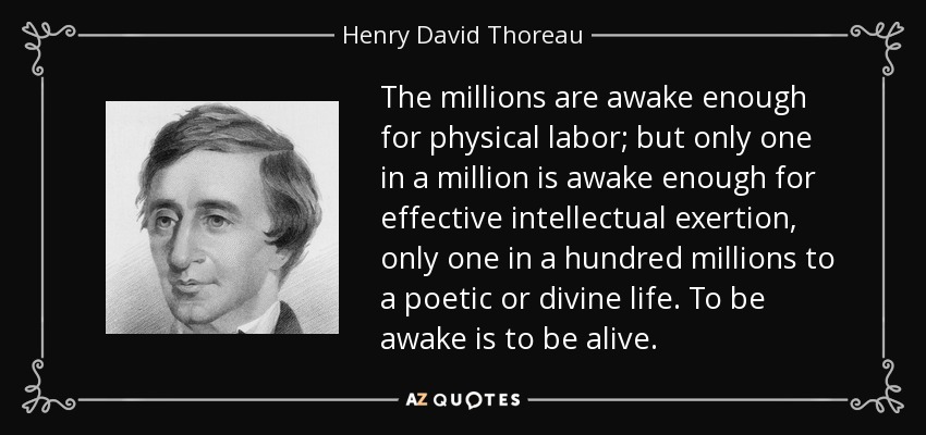 The millions are awake enough for physical labor; but only one in a million is awake enough for effective intellectual exertion, only one in a hundred millions to a poetic or divine life. To be awake is to be alive. - Henry David Thoreau