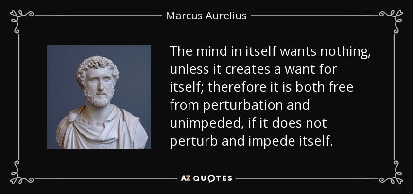 The mind in itself wants nothing, unless it creates a want for itself; therefore it is both free from perturbation and unimpeded, if it does not perturb and impede itself. - Marcus Aurelius