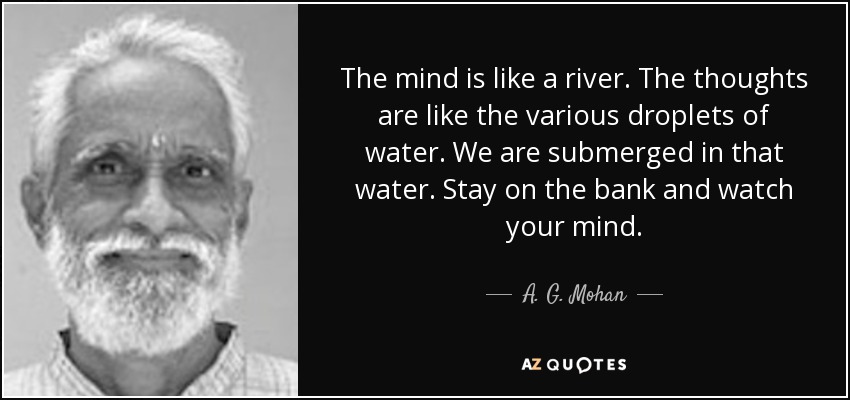 The mind is like a river. The thoughts are like the various droplets of water. We are submerged in that water. Stay on the bank and watch your mind. - A. G. Mohan