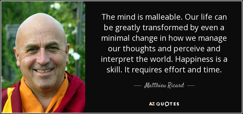 The mind is malleable. Our life can be greatly transformed by even a minimal change in how we manage our thoughts and perceive and interpret the world. Happiness is a skill. It requires effort and time. - Matthieu Ricard