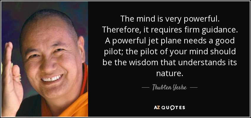 The mind is very powerful. Therefore, it requires firm guidance. A powerful jet plane needs a good pilot; the pilot of your mind should be the wisdom that understands its nature. - Thubten Yeshe