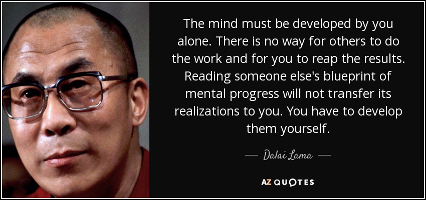 The mind must be developed by you alone. There is no way for others to do the work and for you to reap the results. Reading someone else's blueprint of mental progress will not transfer its realizations to you. You have to develop them yourself. - Dalai Lama