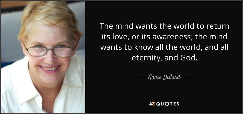 The mind wants the world to return its love, or its awareness; the mind wants to know all the world, and all eternity, and God. - Annie Dillard