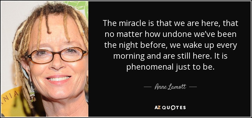 The miracle is that we are here, that no matter how undone we’ve been the night before, we wake up every morning and are still here. It is phenomenal just to be. - Anne Lamott