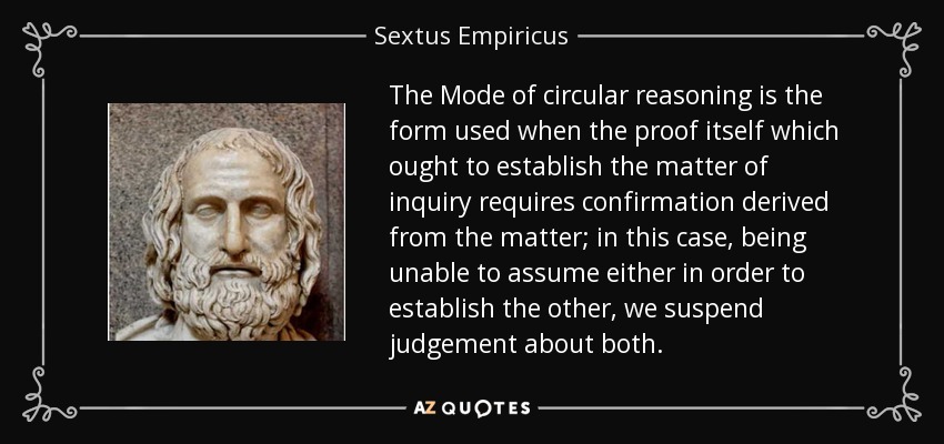 The Mode of circular reasoning is the form used when the proof itself which ought to establish the matter of inquiry requires confirmation derived from the matter; in this case, being unable to assume either in order to establish the other, we suspend judgement about both. - Sextus Empiricus