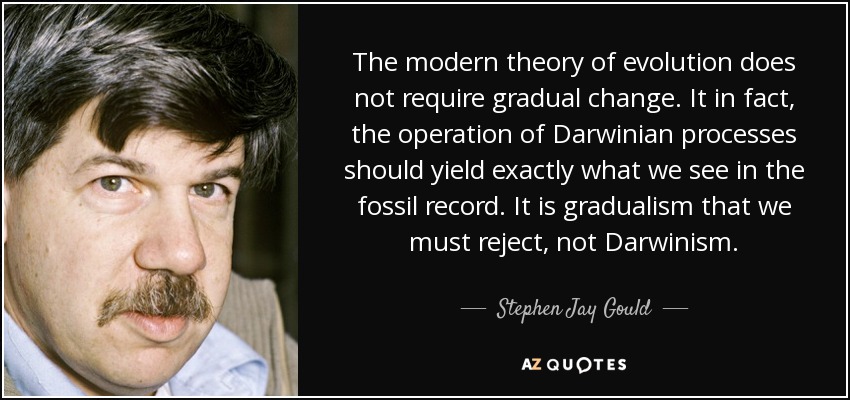 The modern theory of evolution does not require gradual change. It in fact, the operation of Darwinian processes should yield exactly what we see in the fossil record. It is gradualism that we must reject, not Darwinism. - Stephen Jay Gould