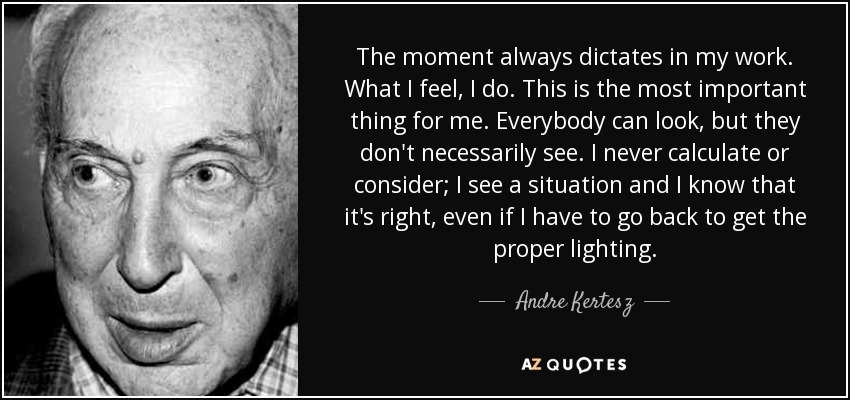 The moment always dictates in my work. What I feel, I do. This is the most important thing for me. Everybody can look, but they don't necessarily see. I never calculate or consider; I see a situation and I know that it's right, even if I have to go back to get the proper lighting. - Andre Kertesz