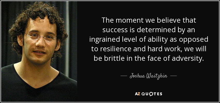 The moment we believe that success is determined by an ingrained level of ability as opposed to resilience and hard work, we will be brittle in the face of adversity. - Joshua Waitzkin