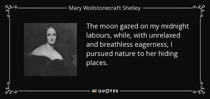 The moon gazed on my midnight labours, while, with unrelaxed and breathless eagerness, I pursued nature to her hiding places. - Mary Wollstonecraft Shelley