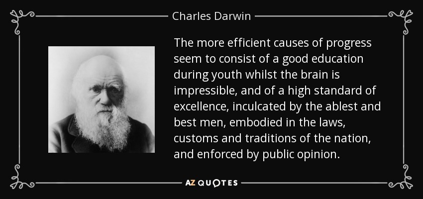 The more efficient causes of progress seem to consist of a good education during youth whilst the brain is impressible, and of a high standard of excellence, inculcated by the ablest and best men, embodied in the laws, customs and traditions of the nation, and enforced by public opinion. - Charles Darwin