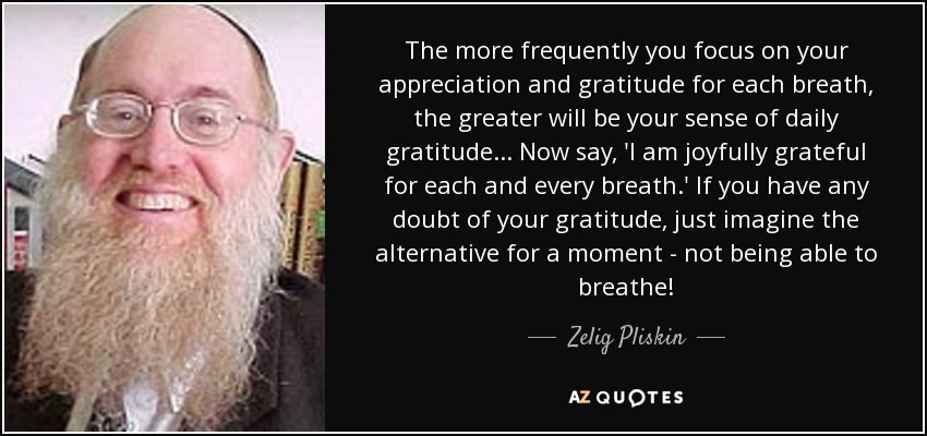 The more frequently you focus on your appreciation and gratitude for each breath, the greater will be your sense of daily gratitude... Now say, 'I am joyfully grateful for each and every breath.' If you have any doubt of your gratitude, just imagine the alternative for a moment - not being able to breathe! - Zelig Pliskin