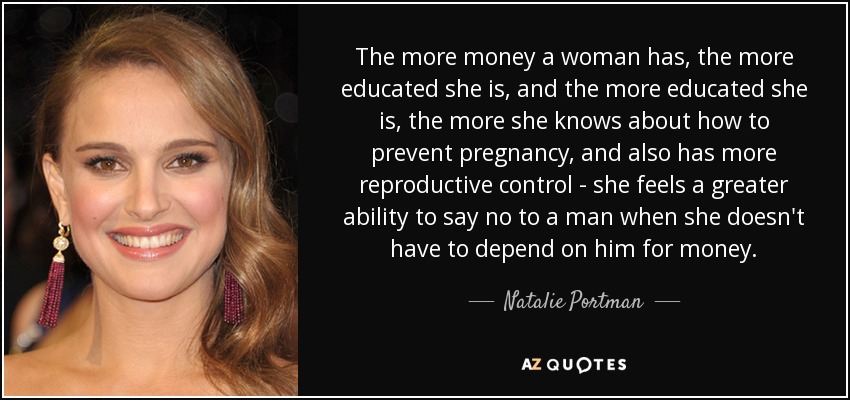The more money a woman has, the more educated she is, and the more educated she is, the more she knows about how to prevent pregnancy, and also has more reproductive control - she feels a greater ability to say no to a man when she doesn't have to depend on him for money. - Natalie Portman