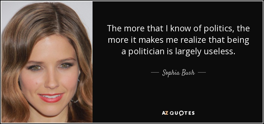 The more that I know of politics, the more it makes me realize that being a politician is largely useless. - Sophia Bush