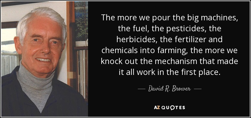 The more we pour the big machines, the fuel, the pesticides, the herbicides, the fertilizer and chemicals into farming, the more we knock out the mechanism that made it all work in the first place. - David R. Brower
