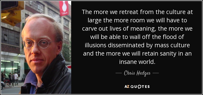 The more we retreat from the culture at large the more room we will have to carve out lives of meaning, the more we will be able to wall off the flood of illusions disseminated by mass culture and the more we will retain sanity in an insane world. - Chris Hedges