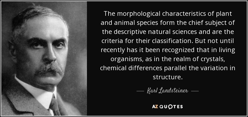 The morphological characteristics of plant and animal species form the chief subject of the descriptive natural sciences and are the criteria for their classification. But not until recently has it been recognized that in living organisms, as in the realm of crystals, chemical differences parallel the variation in structure. - Karl Landsteiner