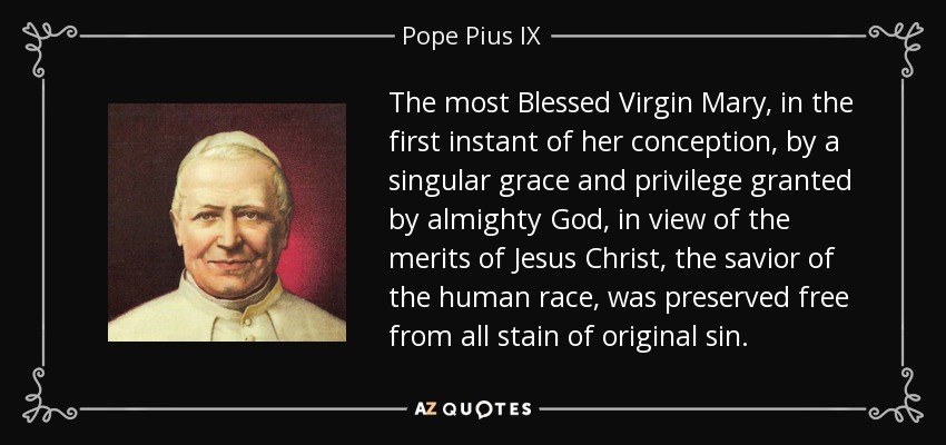 The most Blessed Virgin Mary, in the first instant of her conception, by a singular grace and privilege granted by almighty God, in view of the merits of Jesus Christ, the savior of the human race, was preserved free from all stain of original sin. - Pope Pius IX