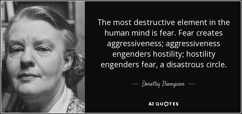 The most destructive element in the human mind is fear. Fear creates aggressiveness; aggressiveness engenders hostility; hostility engenders fear, a disastrous circle. - Dorothy Thompson