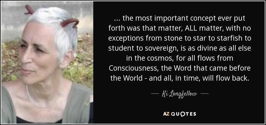 ... the most important concept ever put forth was that matter, ALL matter, with no exceptions from stone to star to starfish to student to sovereign, is as divine as all else in the cosmos, for all flows from Consciousness, the Word that came before the World - and all, in time, will flow back. - Ki Longfellow