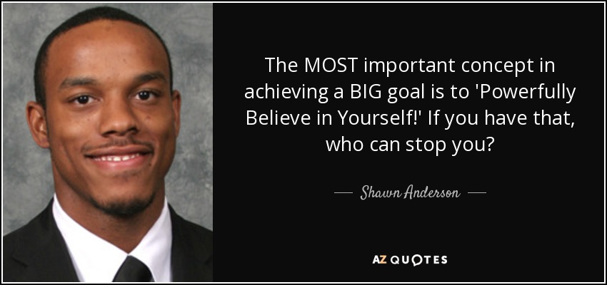 The MOST important concept in achieving a BIG goal is to 'Powerfully Believe in Yourself!' If you have that, who can stop you? - Shawn Anderson