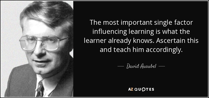 The most important single factor influencing learning is what the learner already knows. Ascertain this and teach him accordingly. - David Ausubel