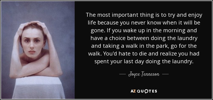 The most important thing is to try and enjoy life because you never know when it will be gone. If you wake up in the morning and have a choice between doing the laundry and taking a walk in the park, go for the walk. You'd hate to die and realize you had spent your last day doing the laundry. - Joyce Tenneson