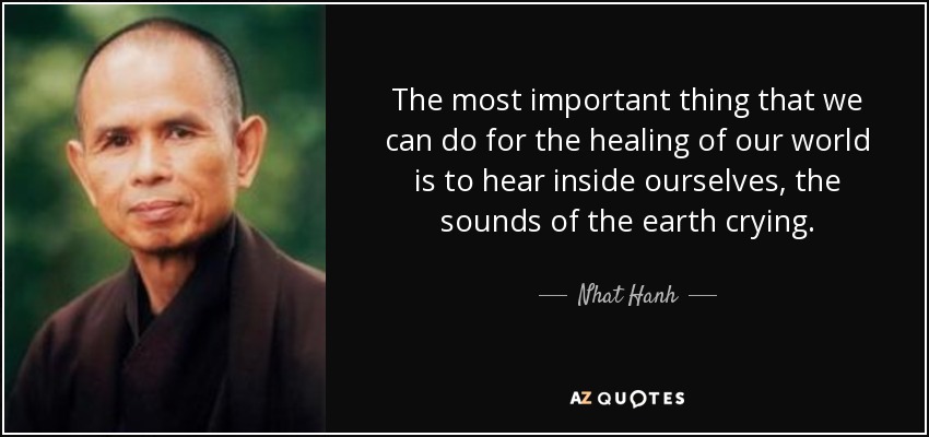 The most important thing that we can do for the healing of our world is to hear inside ourselves, the sounds of the earth crying. - Nhat Hanh