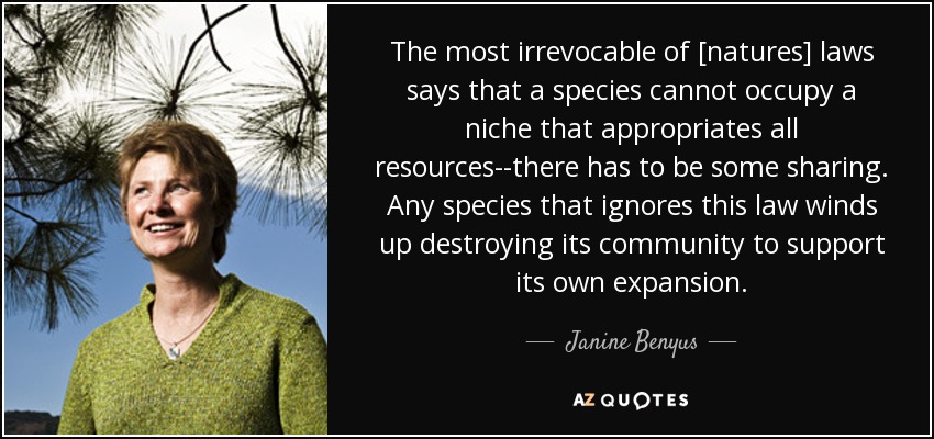 The most irrevocable of [natures] laws says that a species cannot occupy a niche that appropriates all resources--there has to be some sharing. Any species that ignores this law winds up destroying its community to support its own expansion. - Janine Benyus