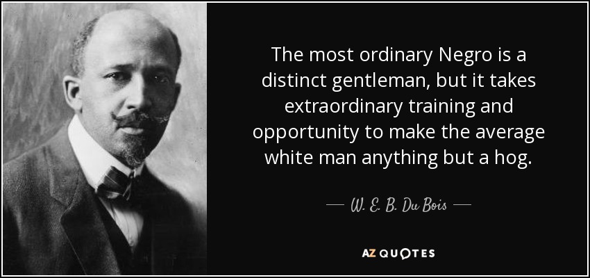 The most ordinary Negro is a distinct gentleman, but it takes extraordinary training and opportunity to make the average white man anything but a hog. - W. E. B. Du Bois