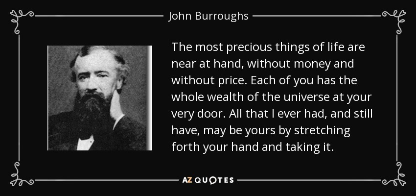 The most precious things of life are near at hand, without money and without price. Each of you has the whole wealth of the universe at your very door. All that I ever had, and still have, may be yours by stretching forth your hand and taking it. - John Burroughs
