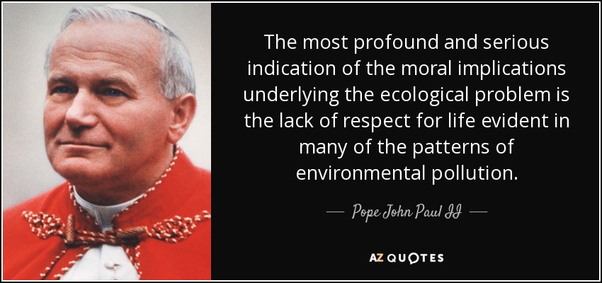 The most profound and serious indication of the moral implications underlying the ecological problem is the lack of respect for life evident in many of the patterns of environmental pollution. - Pope John Paul II