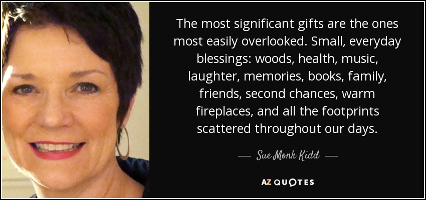 The most significant gifts are the ones most easily overlooked. Small, everyday blessings: woods, health, music, laughter, memories, books, family, friends, second chances, warm fireplaces, and all the footprints scattered throughout our days. - Sue Monk Kidd