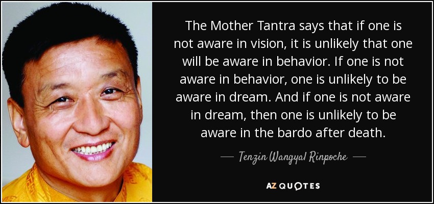 The Mother Tantra says that if one is not aware in vision, it is unlikely that one will be aware in behavior. If one is not aware in behavior, one is unlikely to be aware in dream. And if one is not aware in dream, then one is unlikely to be aware in the bardo after death. - Tenzin Wangyal Rinpoche