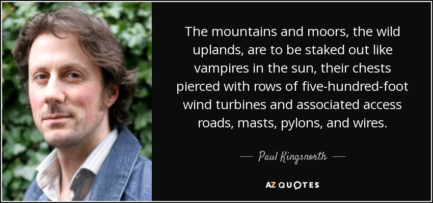 The mountains and moors, the wild uplands, are to be staked out like vampires in the sun, their chests pierced with rows of five-hundred-foot wind turbines and associated access roads, masts, pylons, and wires. - Paul Kingsnorth