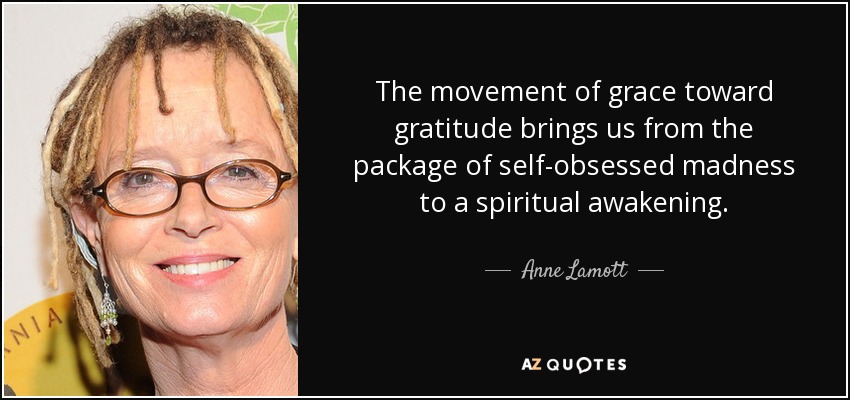 The movement of grace toward gratitude brings us from the package of self-obsessed madness to a spiritual awakening. - Anne Lamott