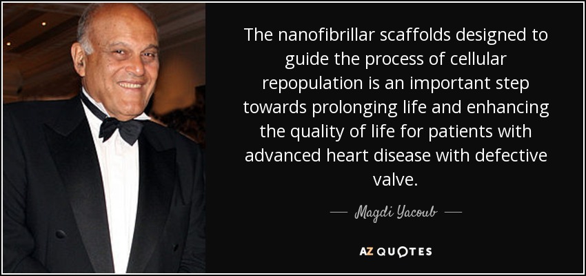 The nanofibrillar scaffolds designed to guide the process of cellular repopulation is an important step towards prolonging life and enhancing the quality of life for patients with advanced heart disease with defective valve. - Magdi Yacoub
