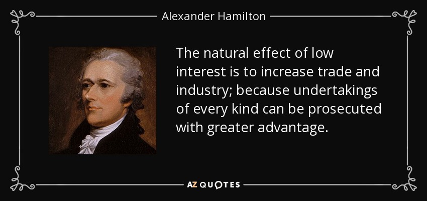 The natural effect of low interest is to increase trade and industry; because undertakings of every kind can be prosecuted with greater advantage. - Alexander Hamilton