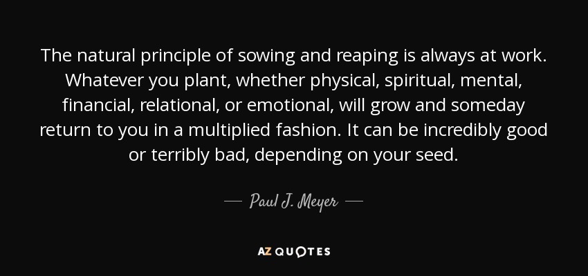 The natural principle of sowing and reaping is always at work. Whatever you plant , whether physical, spiritual, mental, financial, relational, or emotional, will grow and someday return to you in a multiplied fashion. It can be incredibly good or terribly bad, depending on your seed. - Paul J. Meyer