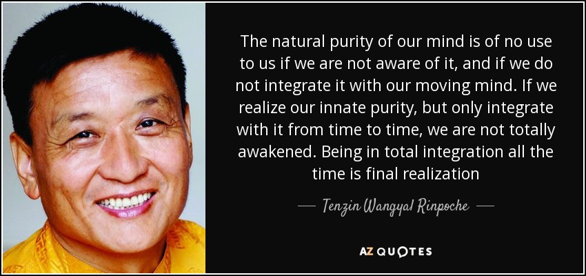 The natural purity of our mind is of no use to us if we are not aware of it, and if we do not integrate it with our moving mind. If we realize our innate purity, but only integrate with it from time to time, we are not totally awakened. Being in total integration all the time is final realization - Tenzin Wangyal Rinpoche