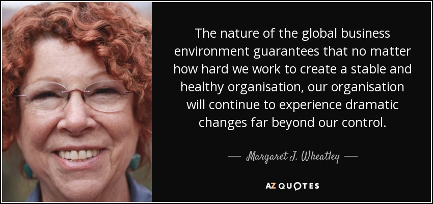 The nature of the global business environment guarantees that no matter how hard we work to create a stable and healthy organisation, our organisation will continue to experience dramatic changes far beyond our control. - Margaret J. Wheatley