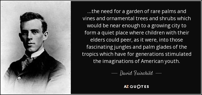 ...the need for a garden of rare palms and vines and ornamental trees and shrubs which would be near enough to a growing city to form a quiet place where children with their elders could peer, as it were, into those fascinating jungles and palm glades of the tropics which have for generations stimulated the imaginations of American youth. - David Fairchild