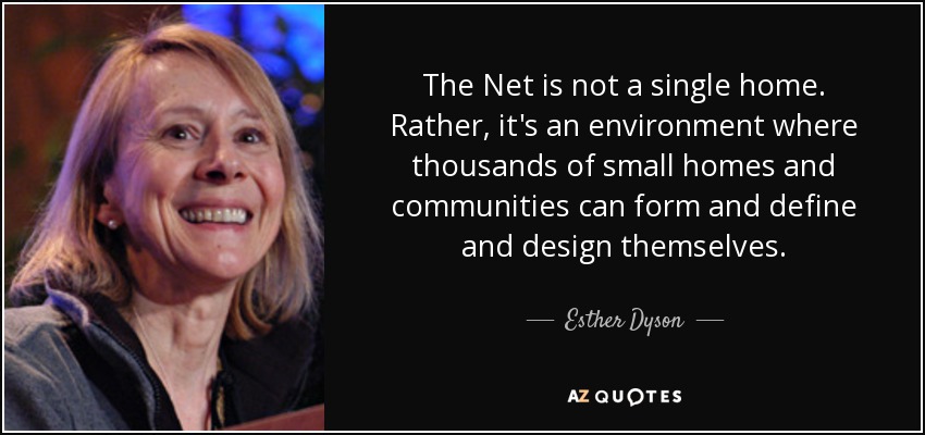 The Net is not a single home. Rather, it's an environment where thousands of small homes and communities can form and define and design themselves. - Esther Dyson