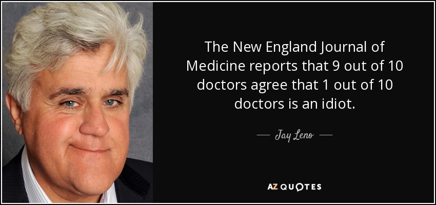 The New England Journal of Medicine reports that 9 out of 10 doctors agree that 1 out of 10 doctors is an idiot. - Jay Leno