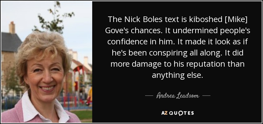 The Nick Boles text is kiboshed [Mike] Gove's chances. It undermined people's confidence in him. It made it look as if he's been conspiring all along. It did more damage to his reputation than anything else. - Andrea Leadsom