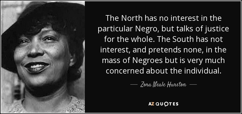 The North has no interest in the particular Negro, but talks of justice for the whole. The South has not interest, and pretends none, in the mass of Negroes but is very much concerned about the individual. - Zora Neale Hurston