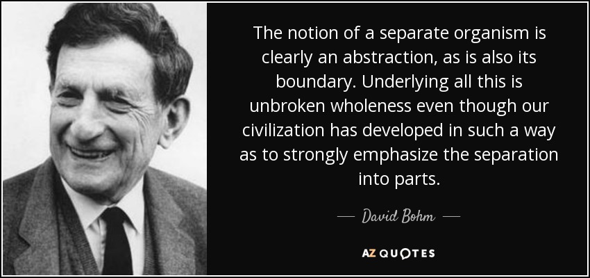 The notion of a separate organism is clearly an abstraction, as is also its boundary. Underlying all this is unbroken wholeness even though our civilization has developed in such a way as to strongly emphasize the separation into parts. - David Bohm
